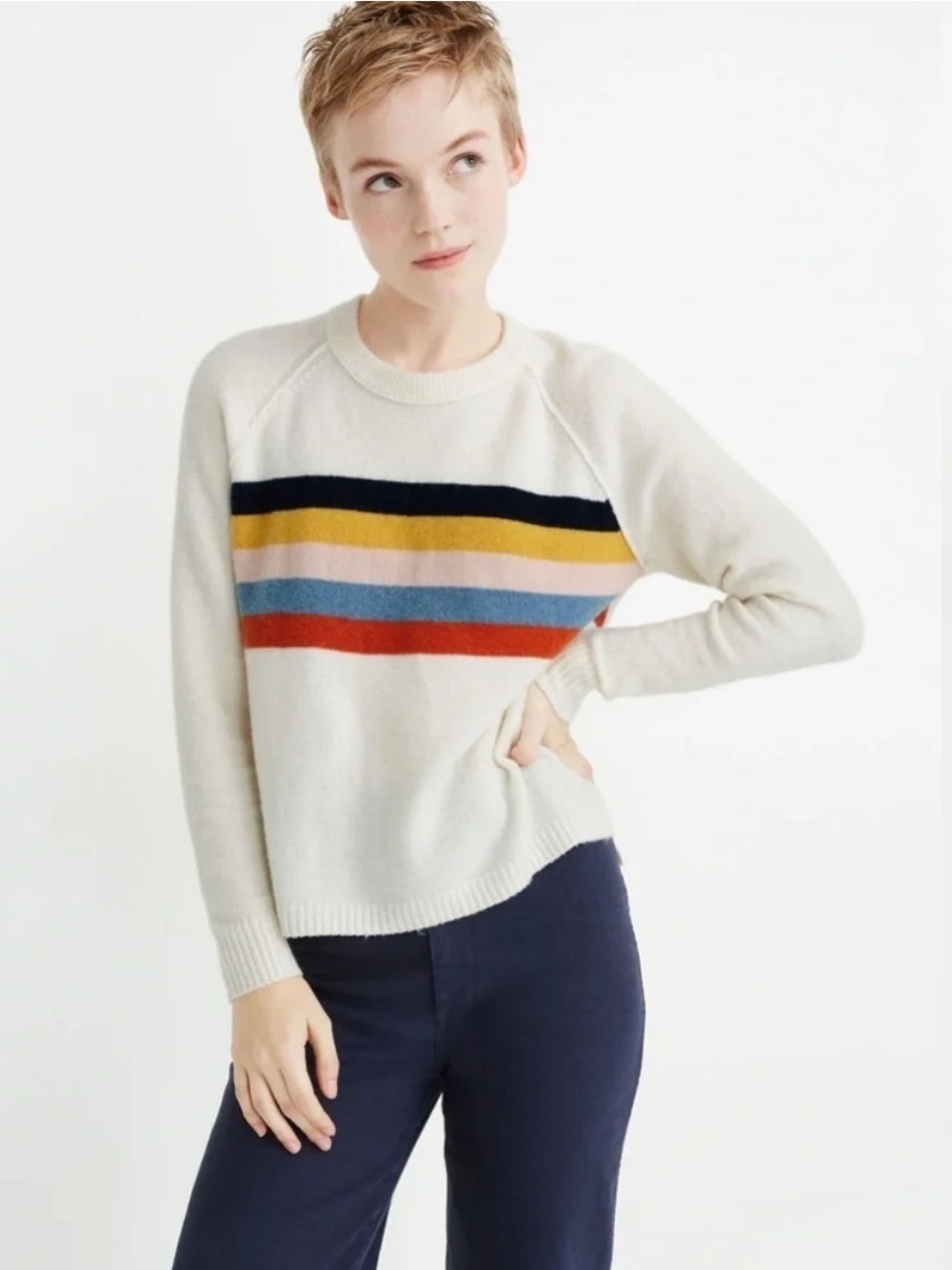 Madewell Cream Crewneck Sweater with Navy, Mustard, Blush, Blue & Red Stripes